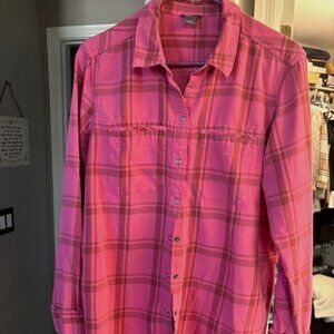 Eddie Bauer Hot Pink & Light Brown Flannel Shirt, Frayed hem, Size Large